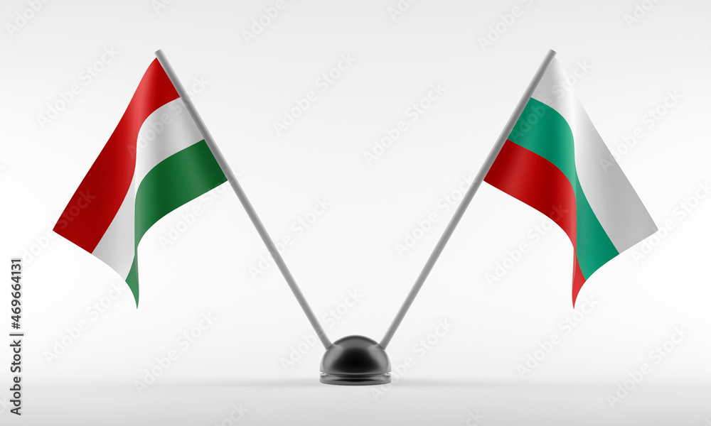 Stand with two national flags. Flags of Hungary and Bulgaria. Isolated on a white background. 3d rendering Stand with two national flags. Flags of Hungary and Bulgaria. Isolated on a white background. 3d rendering
