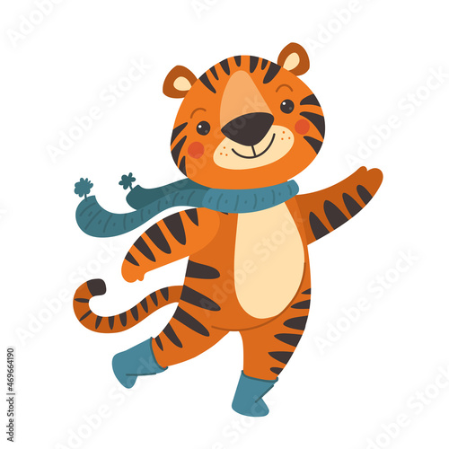Cute orange tiger waving his paw. vector illustration cartoon style. The anima in blue boots and scarf