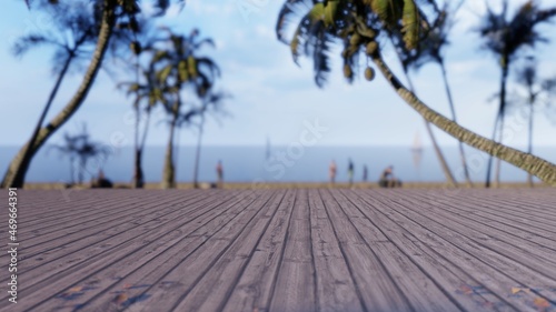 wood deck in front of sea landscape. ready for product display. 3D illustration