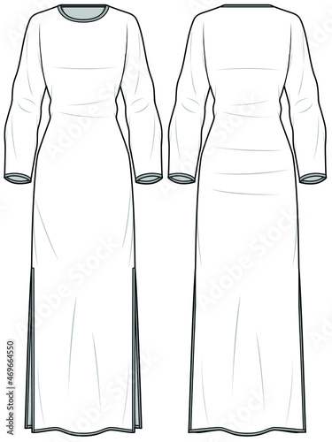 Maxi Knit Dress With Two Side Slits, Modesty Knit Abaya With Side Slits, Winter Maxi Dress Front and Back View. Fashion Illustration, Vector, CAD, Technical Drawing, Flat Drawing.