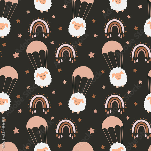 Seamless childish pattern with flying sheep by parachute between the rainbows. Baby texture for fabric, wrapping, textile, wallpaper, clothing. Vector illustration