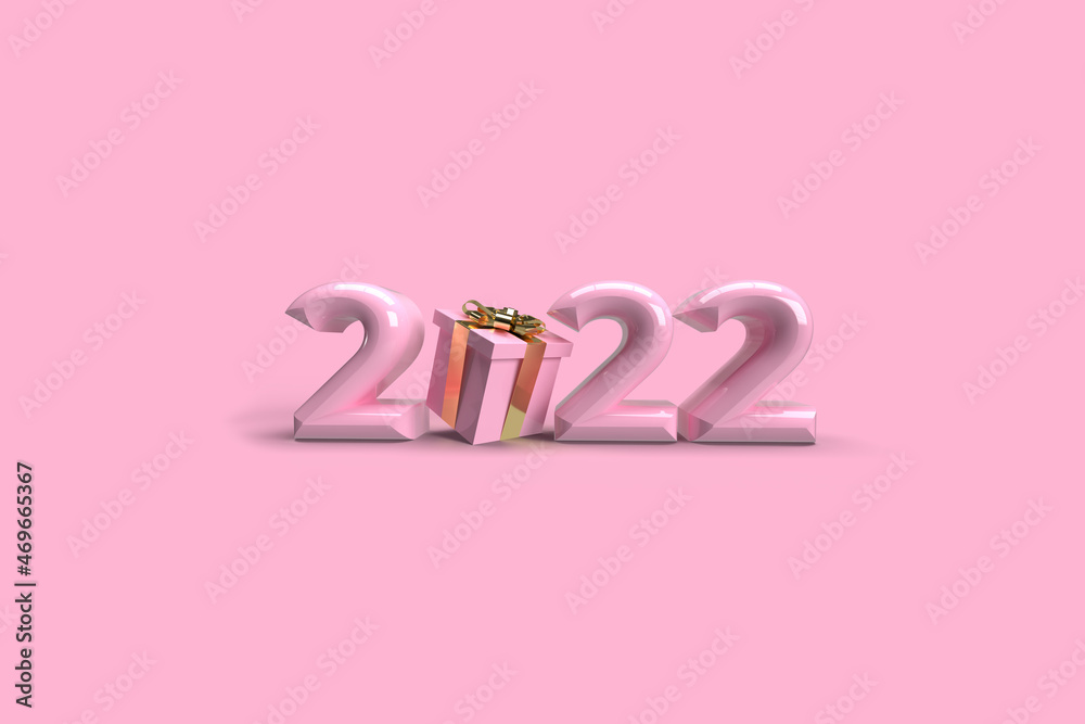 Happy New Year 2022. Figures in cartoon style. Realistic 3d render pink sign. Christmas poster, banner, cover, brochure, flyer, layout design