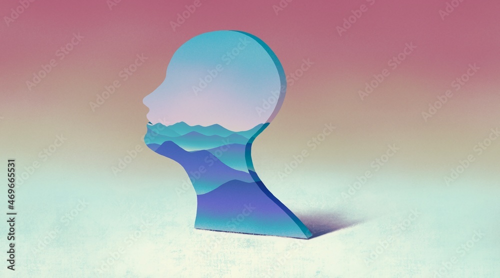 Concept art of nature dream happiness soul mind spirutual brain and hope  , conceptual idea artwork, surreal painting a woman face with the mountain. landscape nature illustration. portrait artwork