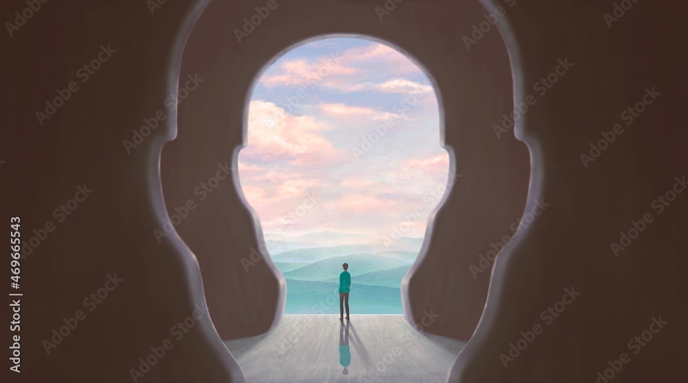alone, ambition, art, brain, business, change, cloud, concept, conceptual, creative, direction, door, dream, earth, ecology, emotion, environment, fantasy, freedom, future, gate, happiness, head, hope - obrazy, fototapety, plakaty 