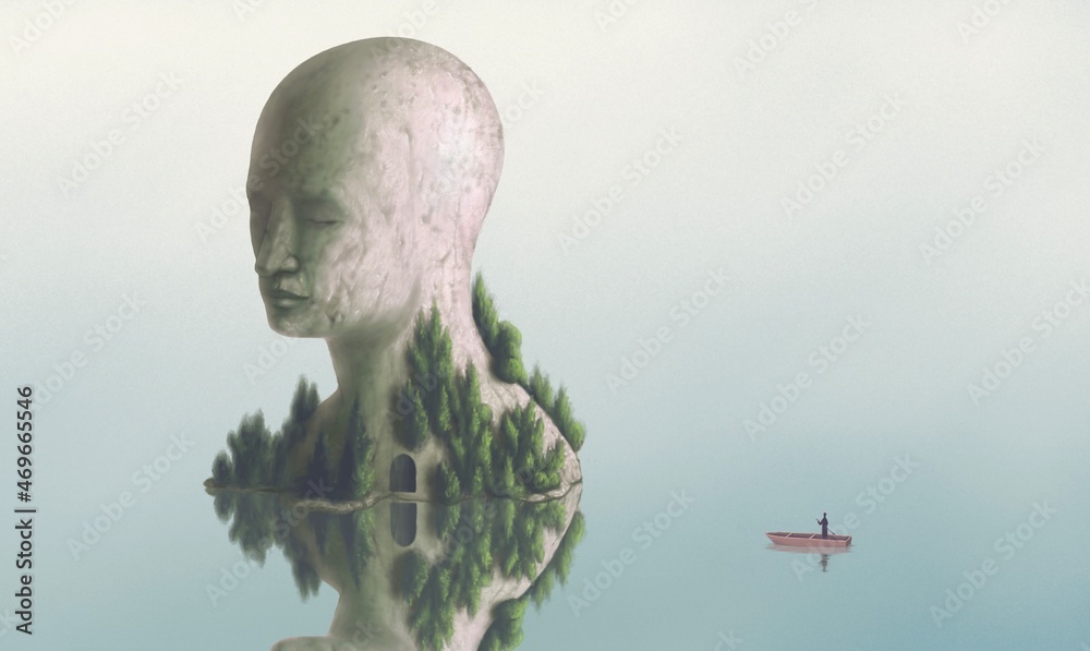 Concept Art Of Nature Freedom Dream Motivation Mind Soul Spiritual Success Brain And Hope Conceptual Idea Artwork Surreal Painting Of A Man Alone On A Boat With Fantasy Island 3d Illustration Stock