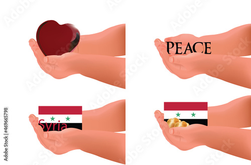 outstretched child hands want peace with flag of Syria and heartplanet earth