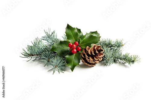 Photo Christmas decoration of holly berry and pine cone.