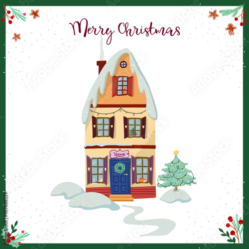 Christmas card with winter house with fir tree and lights.