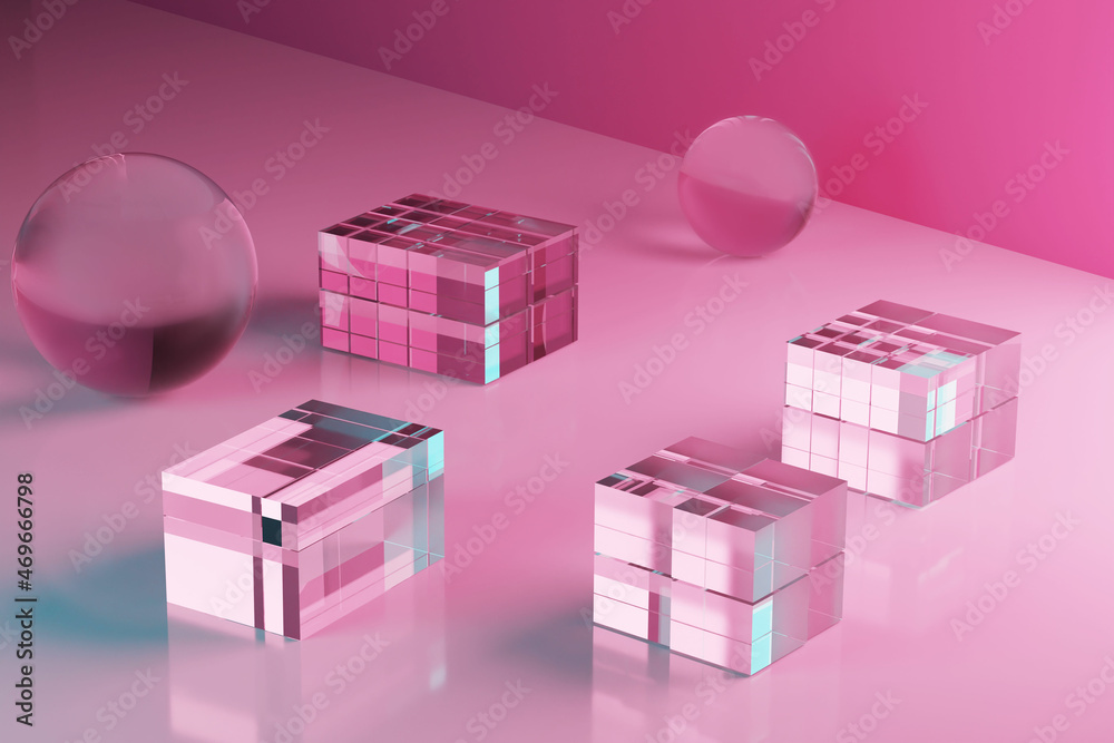 abstract beauty background with glass cubes and spheres, balls on a ...