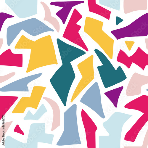 Abstract geometric bright seamless pattern with random hand drawn irregular shapes. Artistic creative mosaic block background