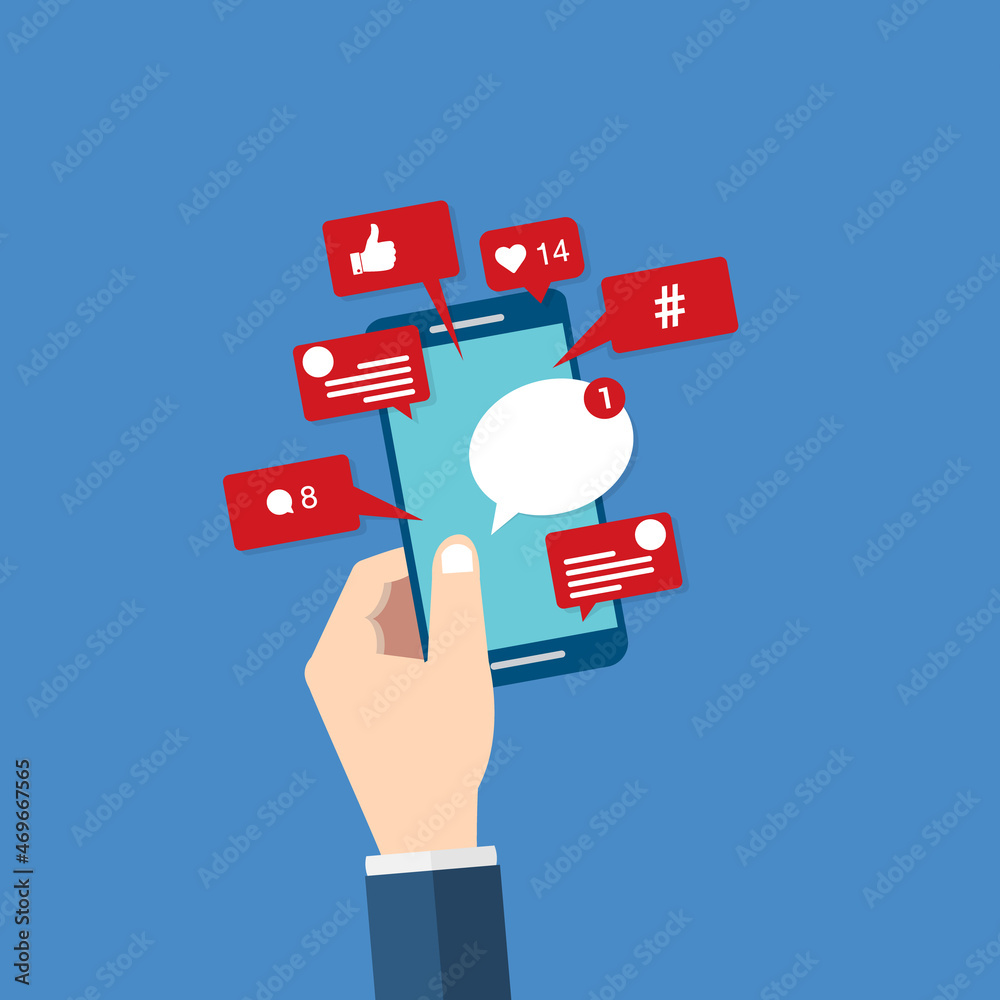 Social Media Smart Phone, Viral content, social media marketing and social media activity - likes, shares and comments popping up on the mobile screen Social Media Smart Phone, Viral content, social media marketing and social media activity - likes, shares and comments popping up on the mobile screen