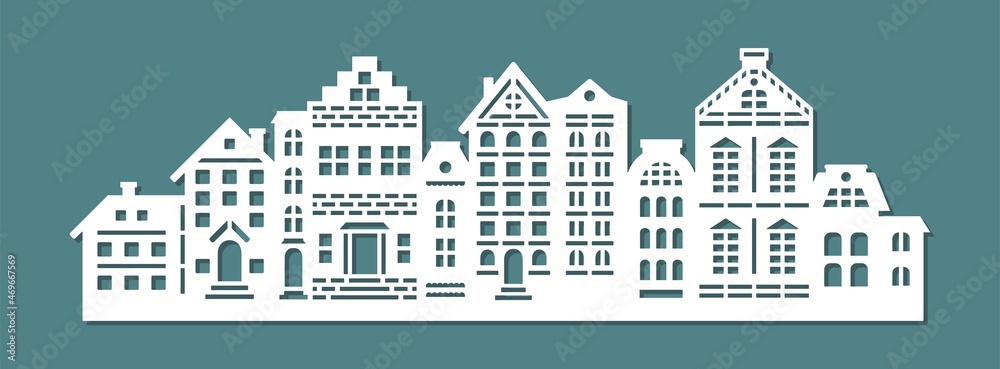 Silhouette of a city street. Facades of various buildings, houses cottages, townhouses. Many floors, attic, roof, chimney, windows, door. Vector template for plotter laser cutting of paper, wood, cnc.