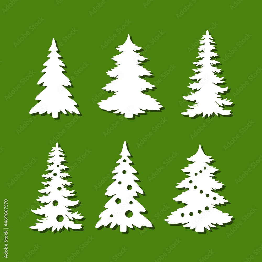 Set of Christmas trees. White silhouettes of fir trees, pines, spruces on a green background. Decorated with balls, garlands. Template for plotter laser cutting of paper, metal engraving, wood 