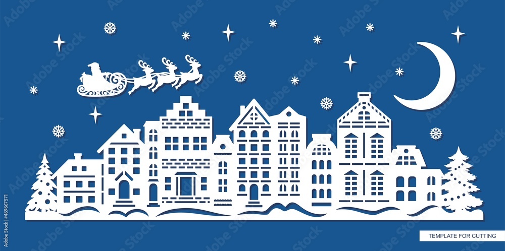Christmas fabulous cityscape. On a winter night, Santa Claus in a sleigh flies over houses, firs, snowdrifts. Silhouette of New Years decoration. Template for plotter laser cutting of paper, cnc.