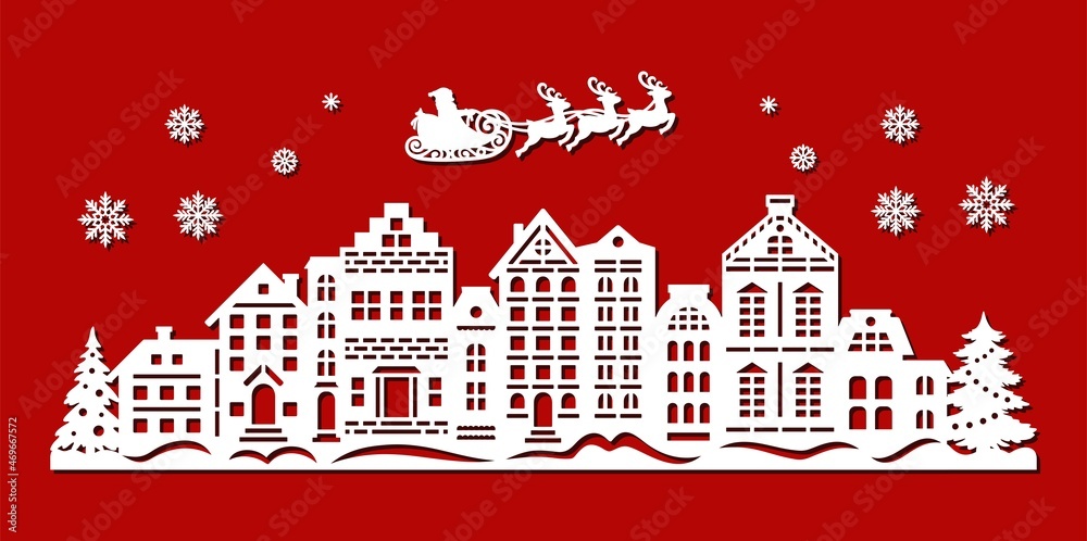 Christmas fabulous cityscape. On a winter night, Santa Claus in a sleigh flies over houses, firs, snowdrifts. Silhouette of New Years decoration. Template for plotter laser cutting of paper, cnc.