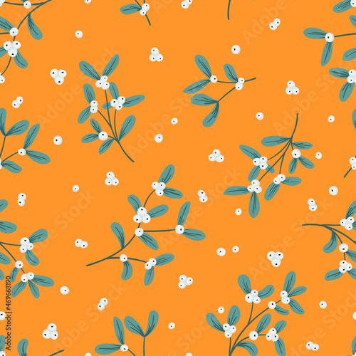 Mistletoe, viscum branches with oblong leaves and berries vector seamless pattern. Christmas, New Year holiday winter floral background for greeting cards, wallpapers, gift paper, web page.
