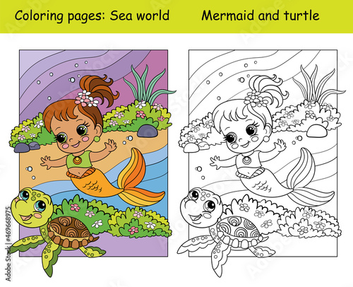 Coloring and color cute baby mermaid swims with a turtle