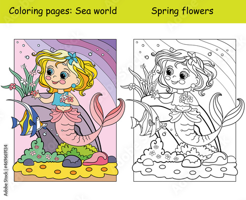Coloring and color cute mermaid swims with a fish