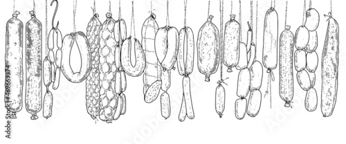 Seamless pattern background of sausage products and meat delicacies. Sausages, bacon, lard, salami in sketch style.