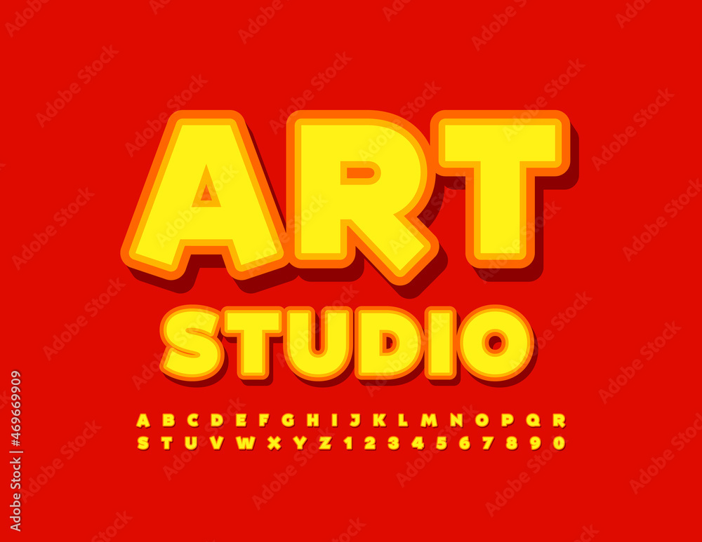 Vector bright emblem Art Studio with set of Alphabet Letters and Numbers. Creative modern Font