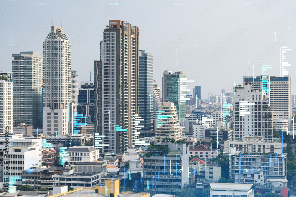 Fototapeta premium Financial stock chart hologram over panorama city view of Bangkok, business center in Southeast Asia. The concept of international transactions. Double exposure.