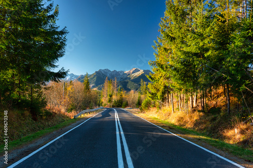 Fototapeta Naklejka Na Ścianę i Meble -  Autumnal landscape of the road to the Tatra Mountains, Poland.