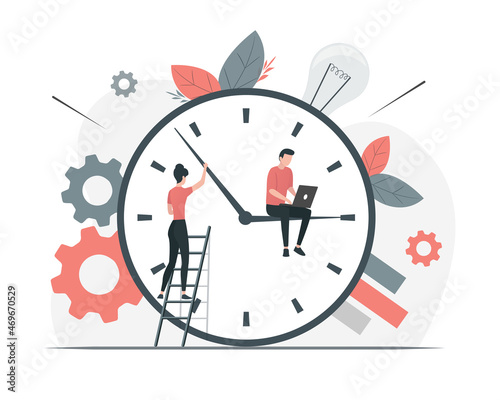 Time management. Business teamwork concept. Colored flat vector illustration. Isolated on white background.