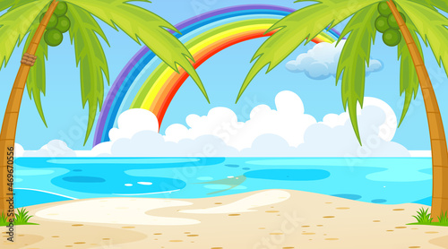 Beach landscape scene with rainbow in the sky
