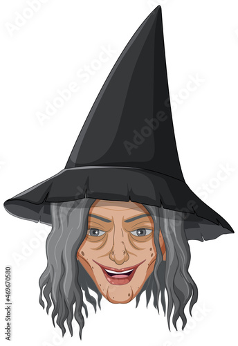 Wicked old witch face on white background