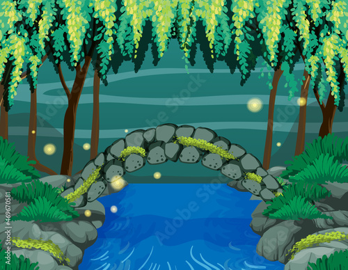 Enchanted garden scene with stone bridge