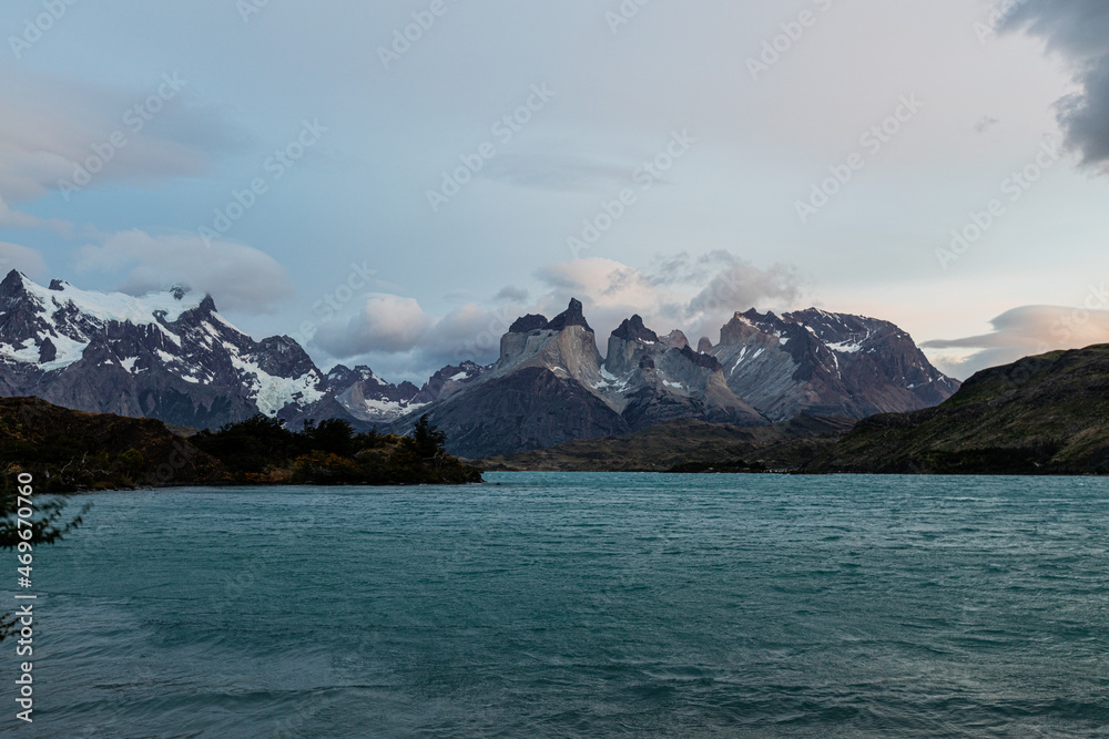 Majestic landscape of the Torres del Paine - three granite peaks of the Paine mountain range or Paine Massif, Torres del Paine National Park, Chile