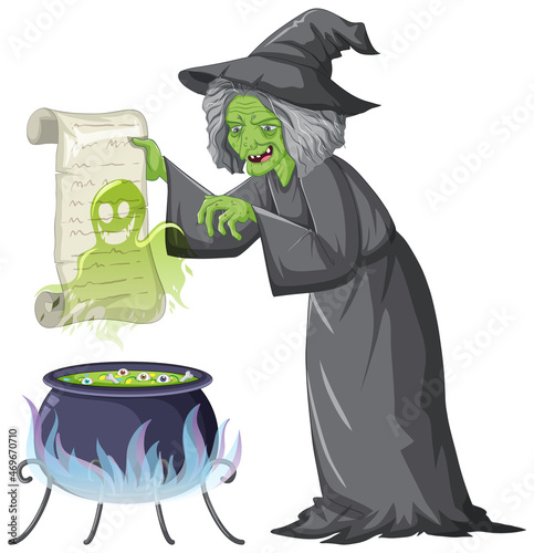 Green old witch character on white background