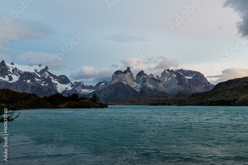 Majestic landscape of the Torres del Paine - three granite peaks of the Paine mountain range or Paine Massif  Torres del Paine National Park  Chile
