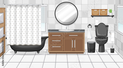 Bathroom interior with furniture in black and white theme