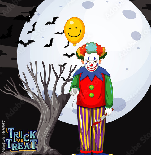 Scary clown holding balloon on full moon background