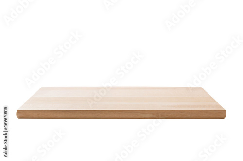 aged dark chopping board out of wood. isolated in white background. perspective view