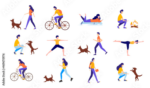 Big set with people. People performing summer outdoor activities. Active lifestyle concept. illustration.