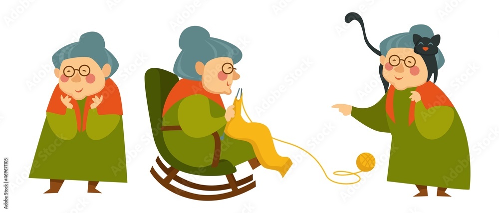 Grandmother with cat, knitting granny in chair