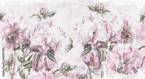 art peonies painted with pastels on a texture with shabby elements, wallpaper in a room or interior of a house