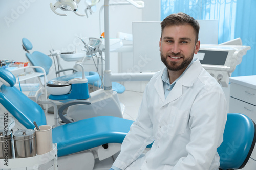 Portrait of professional dentist at workplace in clinic