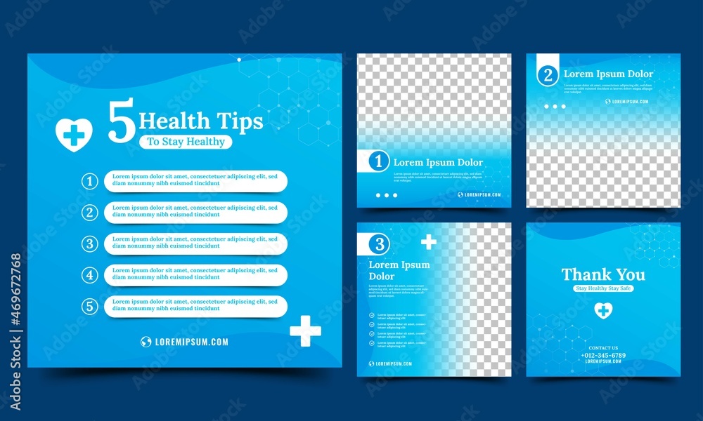 Medical and Health Care social media post template design collection. Editable modern square banner with place for the photo.
