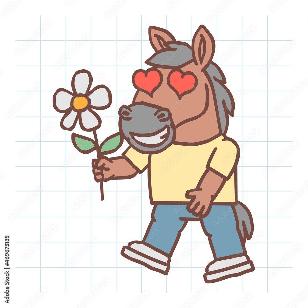 Horse character walks and holds flower. Hand drawn character. Vector Illustration