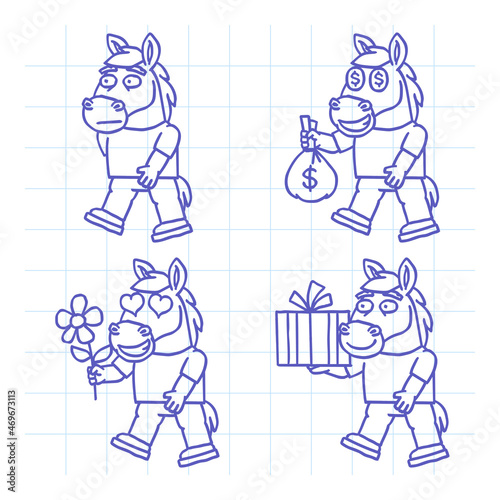 Horse character doodle set part two. Hand drawn character. Vector Illustration
