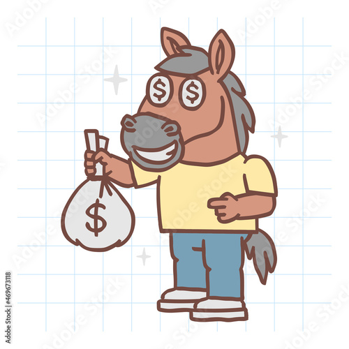 Horse character holding bag of money and smiling. Hand drawn character. Vector Illustration