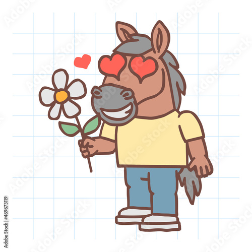 Horse character holds flower and smiling. Hand drawn character. Vector Illustration