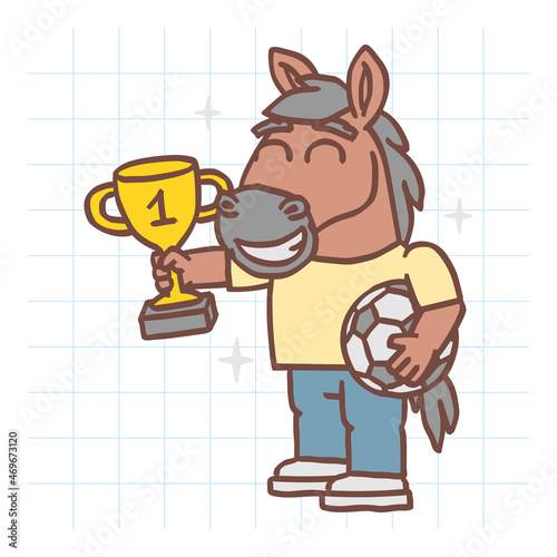 Horse character holding soccer ball and showing golden cup. Hand drawn character. Vector Illustration
