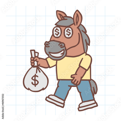 Horse character walks and holds bag of money. Hand drawn character. Vector Illustration
