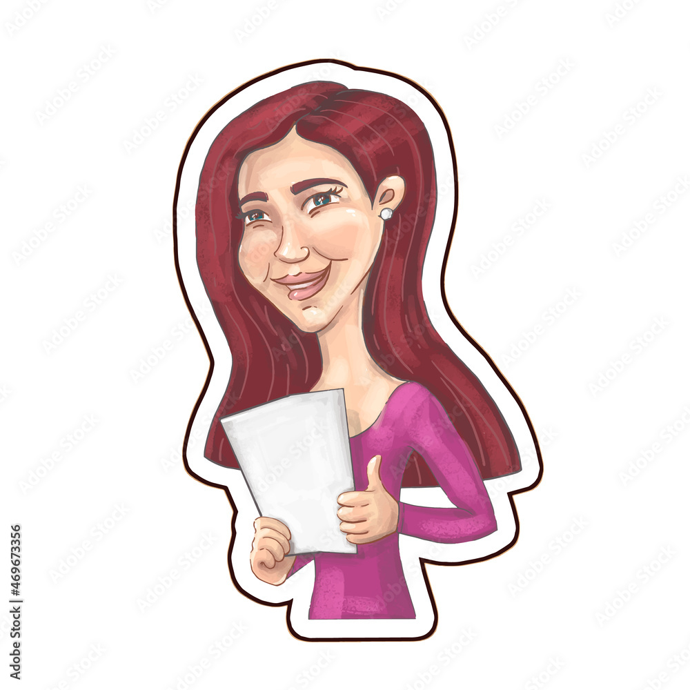 Young woman posing with a raised thumb and holding a paper Young woman posing with a raised thumb and holding a paper
