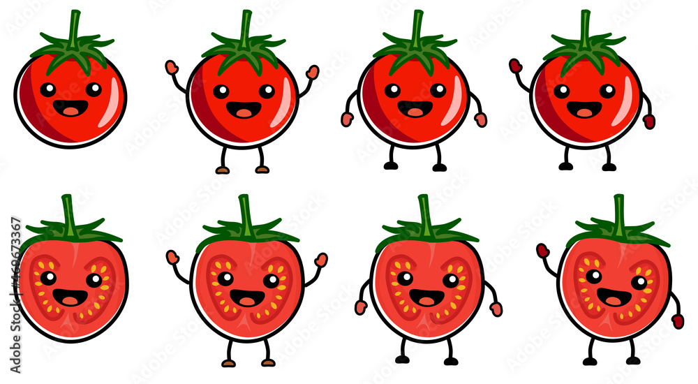 Cute kawaii style tomato icon, whole or halved. Version with hands raised, down and waving. Cute kawaii style tomato icon, whole or halved. Version with hands raised, down and waving.