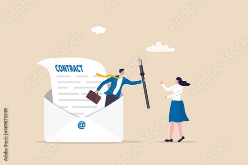 Remote recruitment, job offer email for accepted candidate, online employment technology or electronic contract signing, smart businessman from email envelope offer pen for candidate to sign contract.